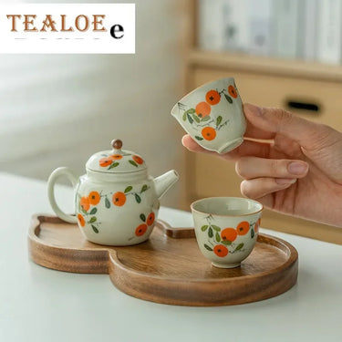 Pure Hand-painted Persimmon Tea Set Complete Set Traditional Tea Ceremony Tea Brewing Teapot and Tableware Gift