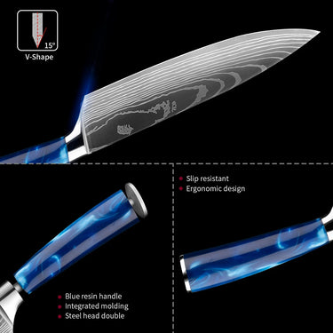 XITUO kitchen knives Set Exquisite blue resin handle Laser Damascus pattern Chef knife Santoku Cleaver Slicing Knives Best Gift