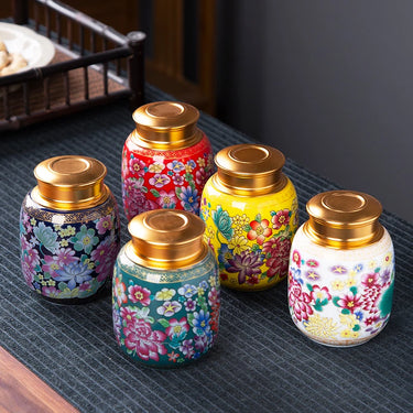 Creative Enamel Color Ceramic Tea Cans Aluminum Alloy Double Lid Sealed Jars Flower Decor Jars Storage Containers Home Ornaments